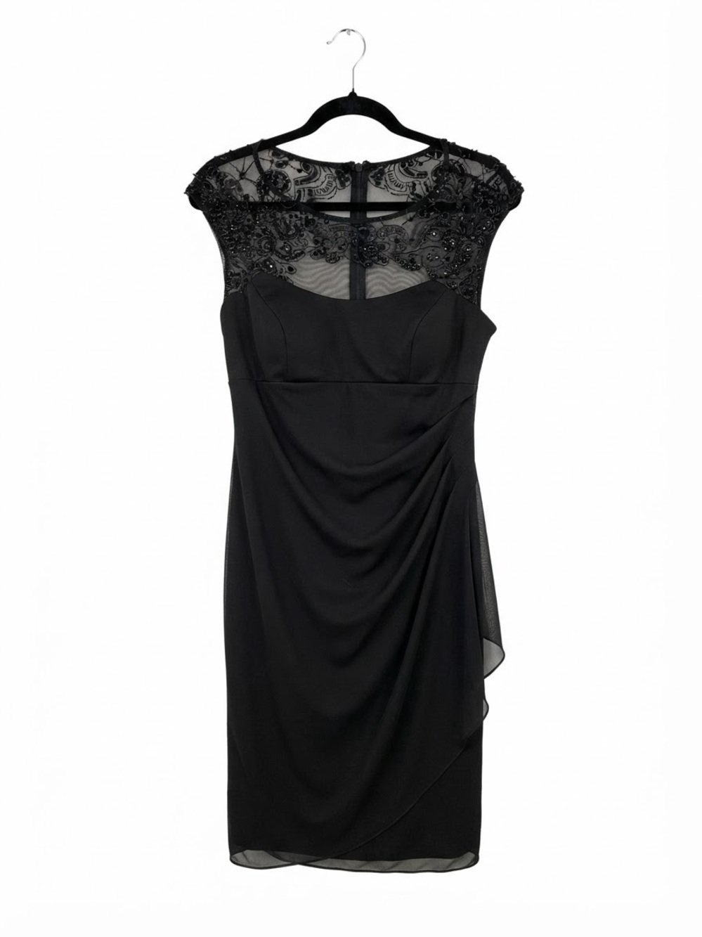 Xscape by Joanna Chen Black Beaded Illusion Cap Sleeve Cocktail Dress Size 12